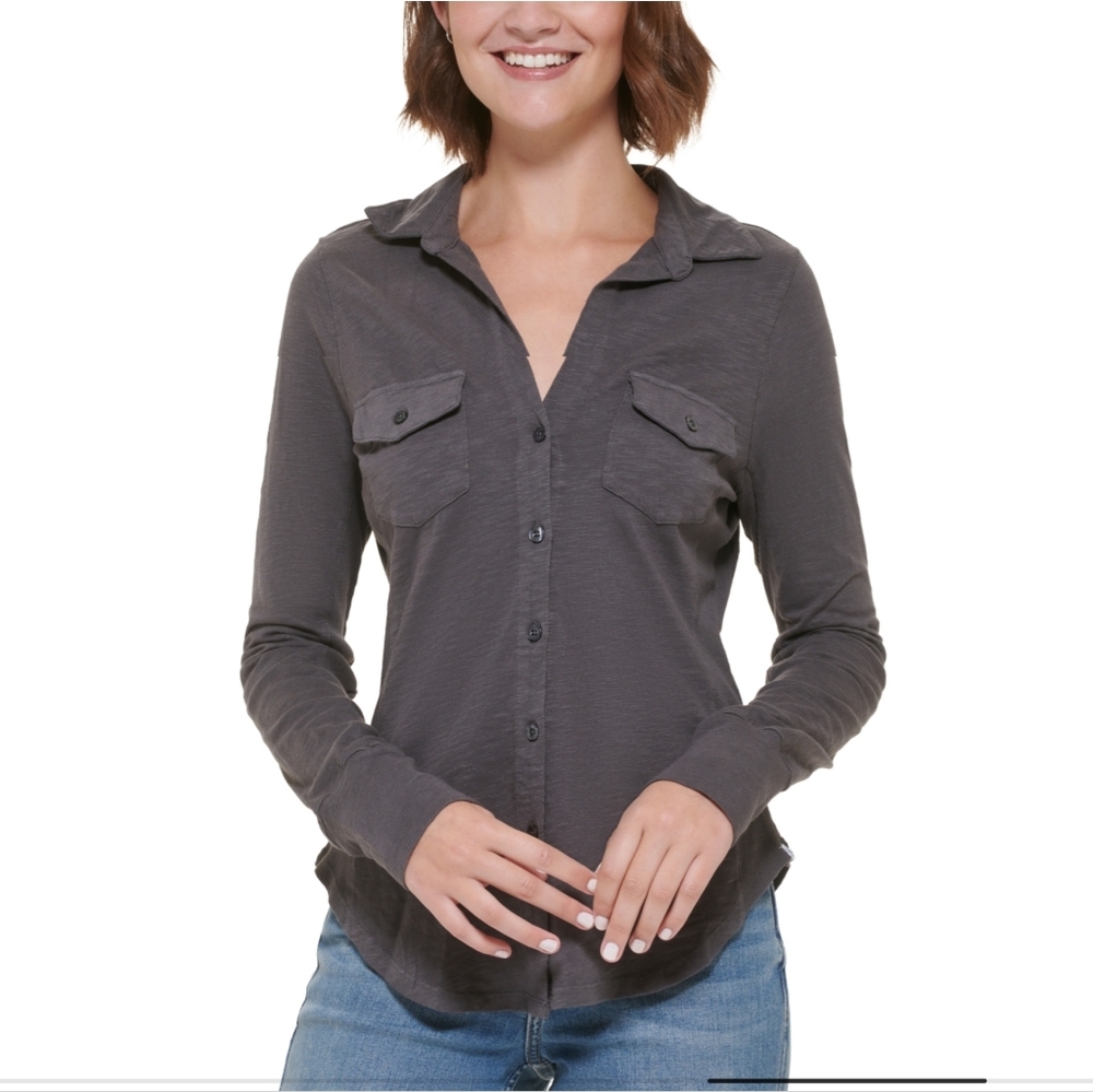 NWT Calvin Klein Jeans Petite Collared Button-Front Cotton Shirt Gray M